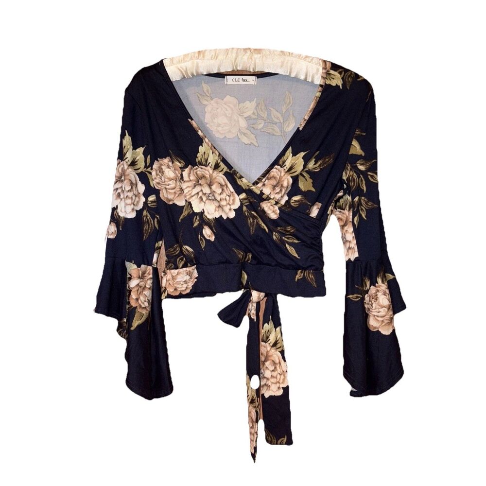 Cle Luv Juniors Blue Floral Faux Wrap Crop Top Bell Sleeves Size M